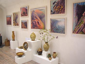 Main Gallery, showing David Kemp paintings and Clive Bowen ceramics